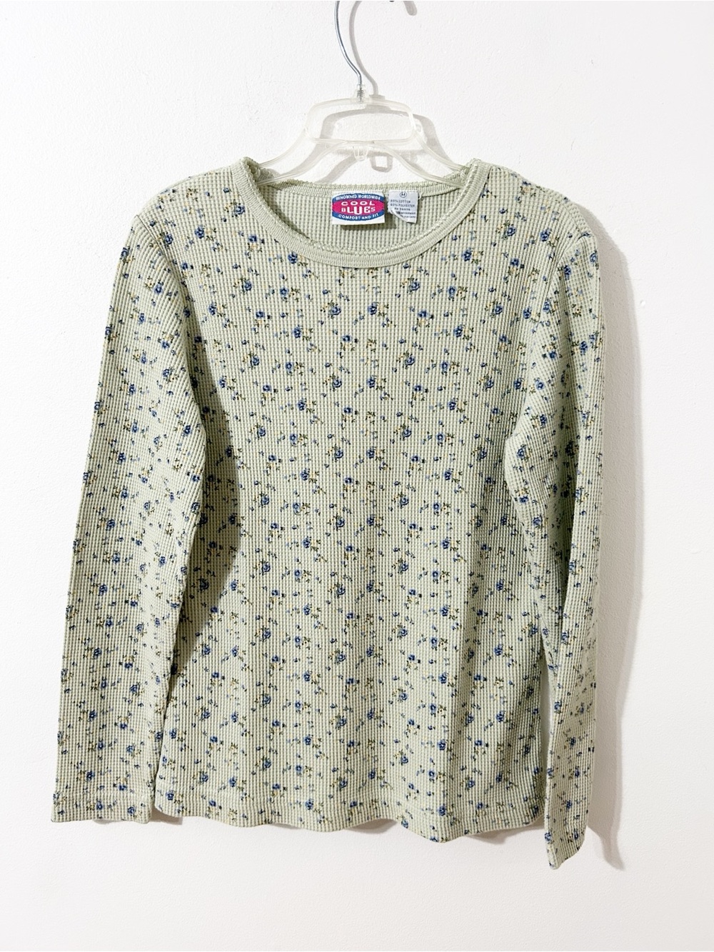 Cool Blues Floral Thermal Waffle Knit Cuffed Long Sleeve Top Crewneck Sage Green